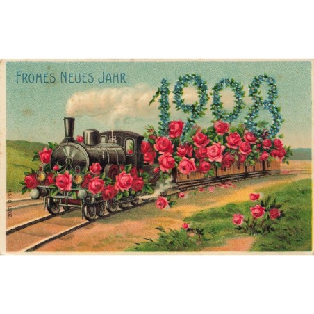 n°30184 - Carte Gaufrée - MSIB 13782 - Fröhes Neues Jahr 1908 - Train fleuri