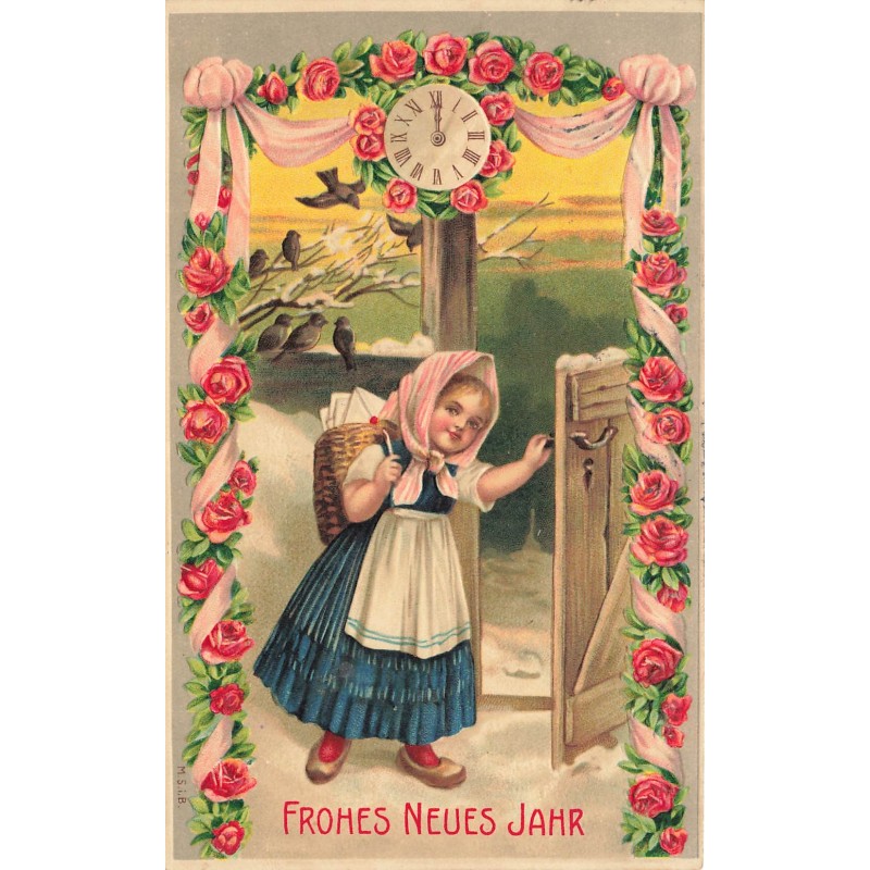 n°30185 - Carte Gaufrée - Fröhes Neues Jahr 1908 - Fillette portant une hotte remplie de lettres