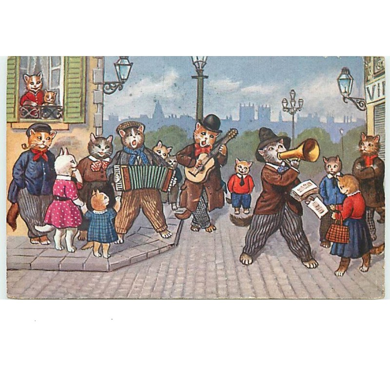n°13785 - Chats habillés se promenant et chantant dans la rue