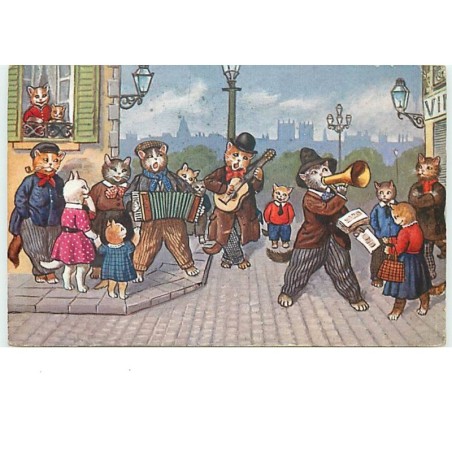 n°13785 - Chats habillés se promenant et chantant dans la rue