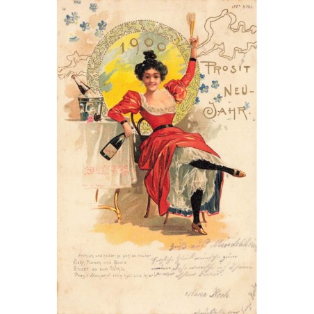 n°30189 - Nouvel An - Prosit Neujahr 1900 - Femme trinquant avec du champagne