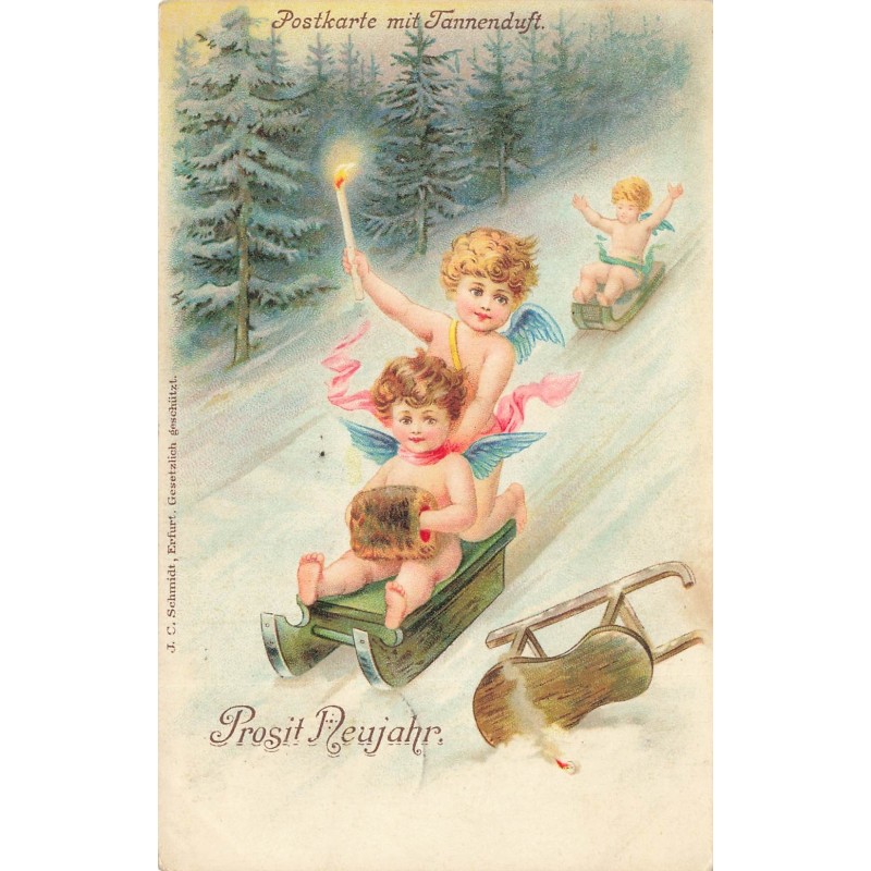 n°30190 - J.C Schmidt - Postkarte mit Tannenduft - Prosit Neujahr - Anges sur une luge