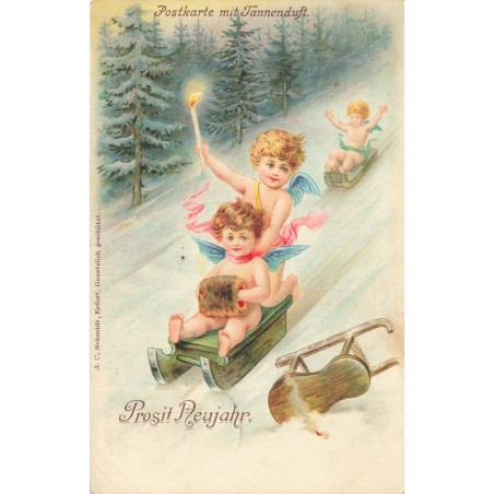 n°30190 - J.C Schmidt - Postkarte mit Tannenduft - Prosit Neujahr - Anges sur une luge