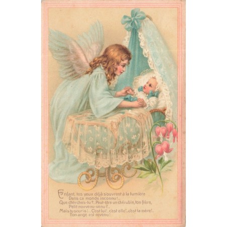 n°30192 - Ange - Enfant, tes yeux déjà s'ouvrent à la lumière - Ange veillant un enfant dans son berceau