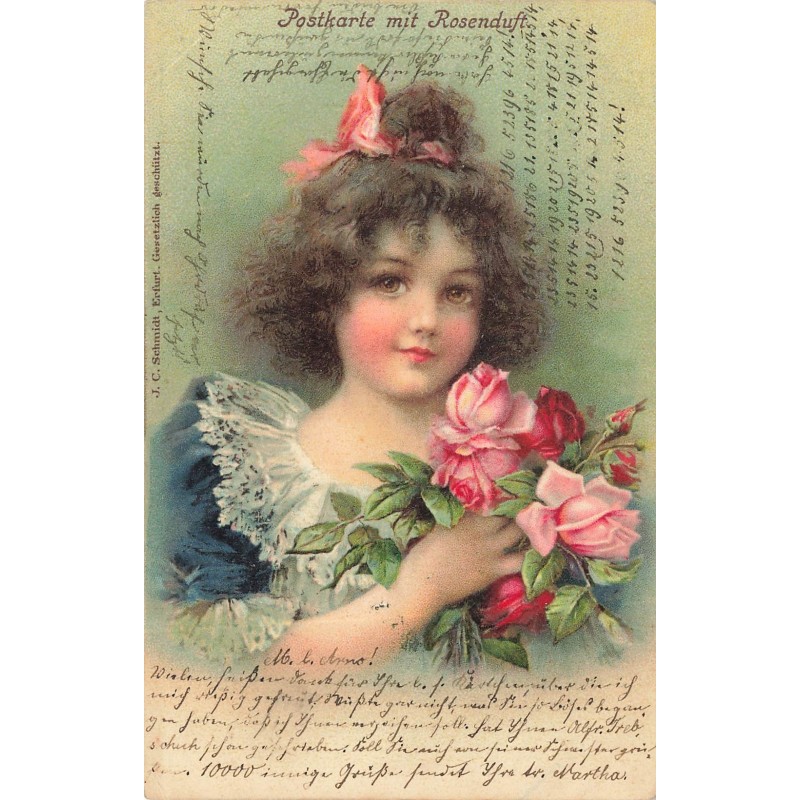 n°30197 - J.C Schmidt - Postkarte mit Rosenduft - Fillette tenant un bouquet de roses