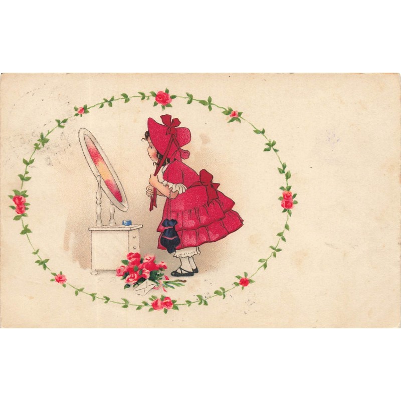 n°30199 - Style Baumgarten - Jeune fille mettant son chapeau devant un miroir