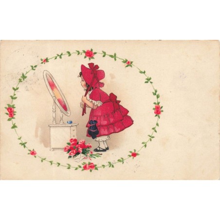 n°30199 - Style Baumgarten - Jeune fille mettant son chapeau devant un miroir