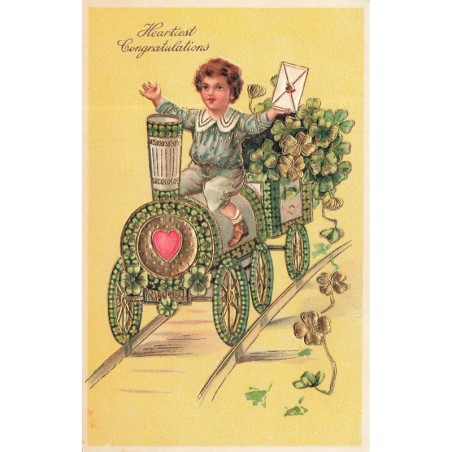 n°30200 - Carte Gaufrée - Heartiest Congratulations - Garçon assis sur une locomotive remplie de trèfles