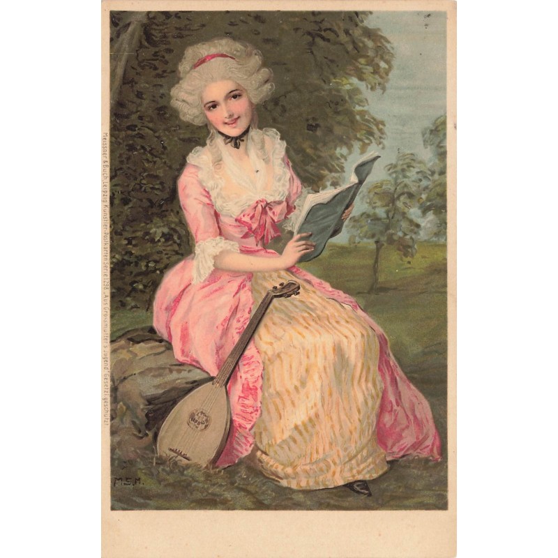 n°30205 - Illustrateur M.S.M. - Jeune femme portant une perruque, tenant une partition, avec une mandoline sur sa robe
