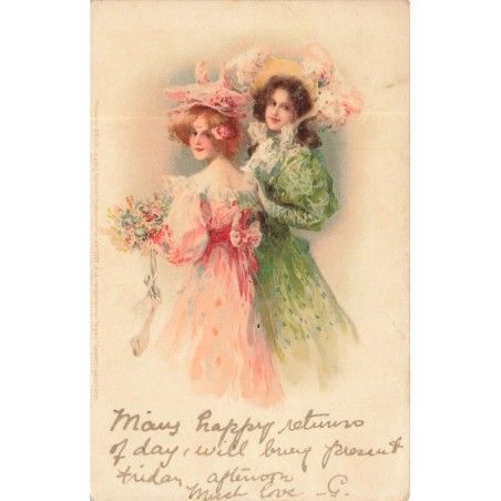 n°30206 - Illustrateur M.S.M. - Deux jeunes femmes, l'une portant une robe verte, l'autre une robe rose- Meissner