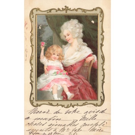 n°30207 - Carte Gaufrée - Illustrateur M.S.M. - Une jeune femme portant une perruque, avec une fillette sur les genoux