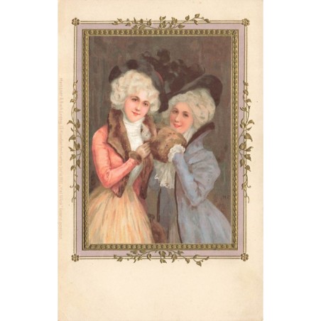 n°30208 - Carte Gaufrée - Illustrateur M.S.M. - Deux jeunes femmes portant des chapeaux noir- Meissner