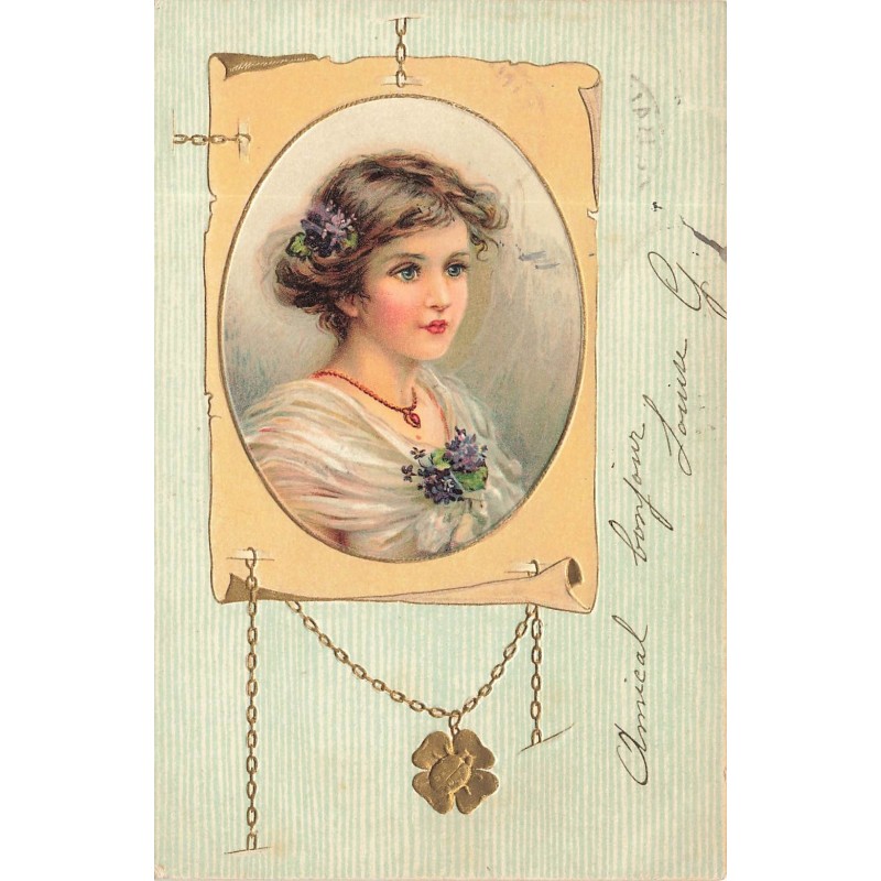 n°30212 - Carte Gaufrée - Fantaisie - Portrait d'une jeune femme, avec des violettes tenant son châle