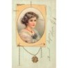 n°30212 - Carte Gaufrée - Fantaisie - Portrait d'une jeune femme, avec des violettes tenant son châle