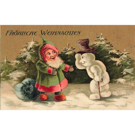 n°30216 - Noël - Fröhliche Weihnachten - Nain saluant un bonhomme de neige
