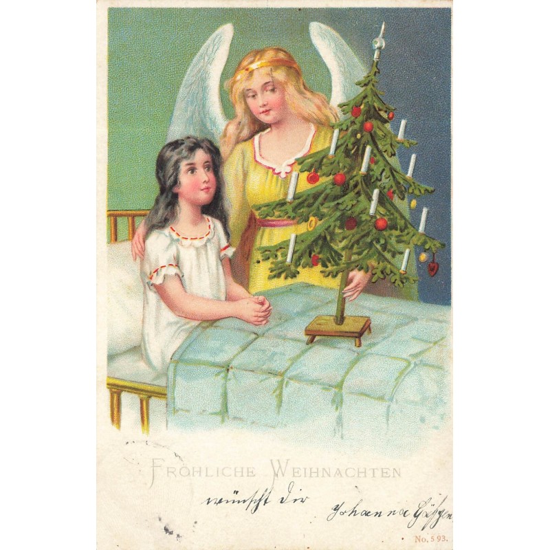 n°30217 - Fröhliche Weihnachten - Ange gardien apportant un sapin à une fillette dans son lit