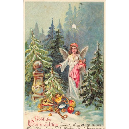 n°30220 - Carte Gaufrée - Fröhliche Weihnachten - Ange gardien apportant des jouets tenant une poupée