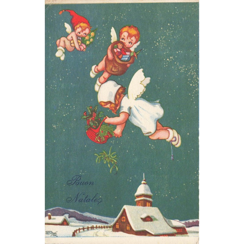 n°30222 - Noël - Buon Natale - Anges lançant des jouets et du houx au-dessus d'une église
