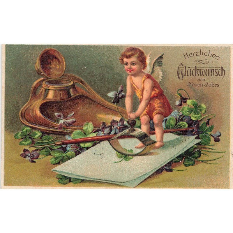 n°30223 - Carte Gaufrée - Nouvel An - Ange entouré de violettes, d'un encrier et d'une plume
