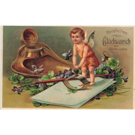 n°30223 - Carte Gaufrée - Nouvel An - Ange entouré de violettes, d'un encrier et d'une plume
