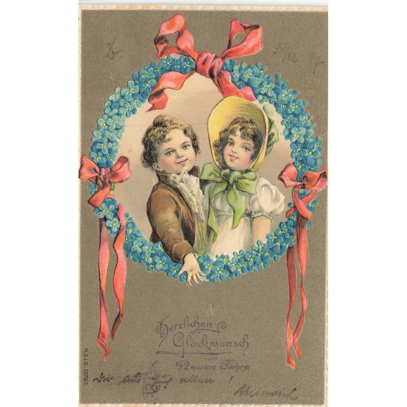 n°30225 - Carte Gaufrée - Nouvel An - MSIB 13793 - Couple dans un médaillon en myosotis