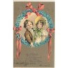 n°30225 - Carte Gaufrée - Nouvel An - MSIB 13793 - Couple dans un médaillon en myosotis