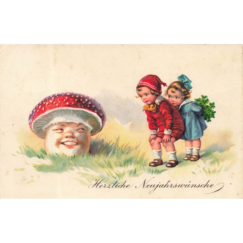 n°30227 - Nouvel An - Herzliche Neujahrswünsche - Enfants regardant un champignon humanisé