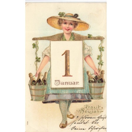n°30229 - Carte Gaufrée - Nouvel An - Femme portant des seaux remplis de bouteilles de champagne