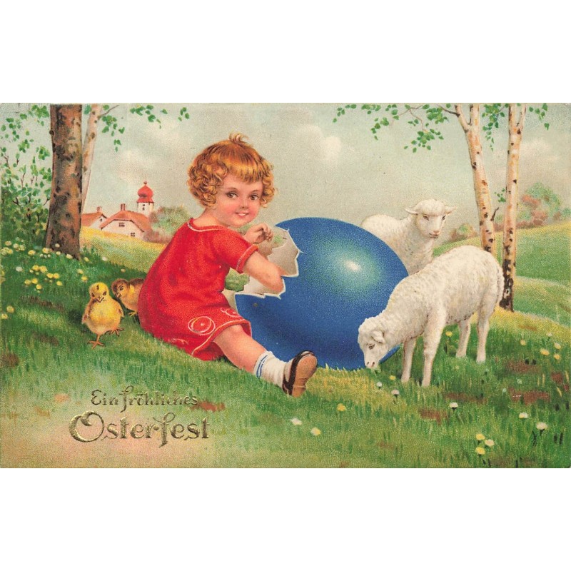 n°30235 - Pâques - Ein Fröhliche Osterfest - Mouton sprès d'une fillette cherchant dans un oeuf
