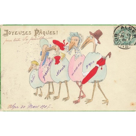 n°30236 - Joyeuses Pâques - Echassiers humanisés habillés avec des coquilles d'oeufs