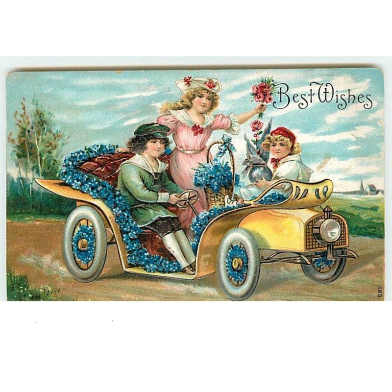 n°13791 - Carte Gaufrée - Best Wisches - Enfants dans une voiture