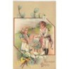 n°30237 - Carte Gaufrée - Joyeuses Pâques - Couple d'enfant se promenant avec un mouton