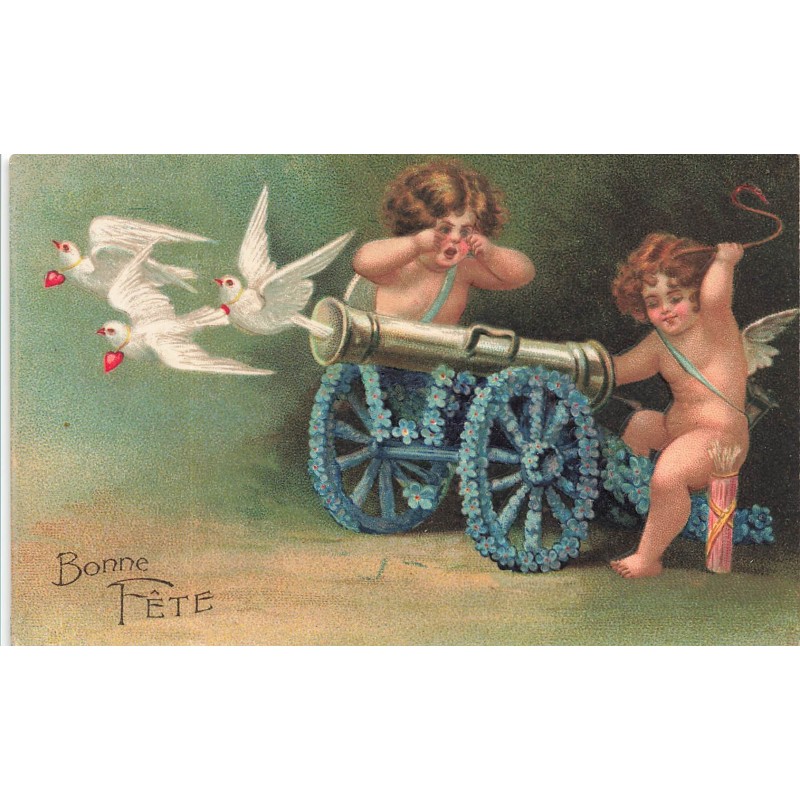 n°30240 - Carte Gaufrée - Clapsaddle - Bonne Fête - Anges tirant au canon des colombes
