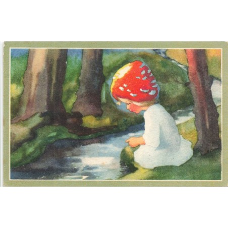 n°30243 - Illustrateur Mili Weber - Enfant avecchapeau champignon les pieds dans un ruisseau
