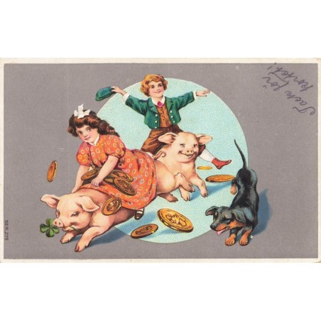 n°30244 - Carte Gaufrée - SER 279 - Enfants sur le dos de cochons, avec un teckel - Pièces en or