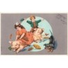 n°30244 - Carte Gaufrée - SER 279 - Enfants sur le dos de cochons, avec un teckel - Pièces en or