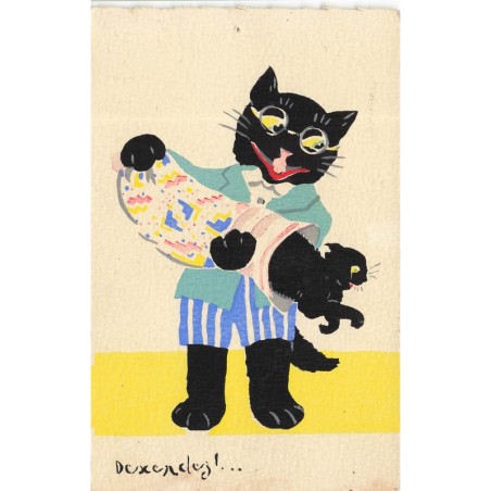 n°30245 - Fantaisie - Chat Habillés - Descendez ! - Chats noir, l'un portant des lunettes
