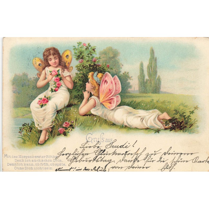 n°30247 - Fantaisie - Fées, l'une faisant une guirlande avec des roses
