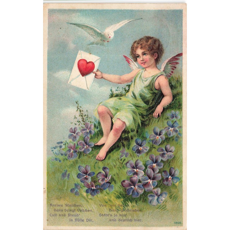 n°30250 - Carte Gaufrée - Un Ange assis au milieu de violettes, tenant une lettre