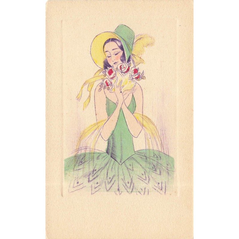 n°30254 - Illustrateur - Jeune femme portant une robe et un chapeau vert, et sentant un bouquet de roses