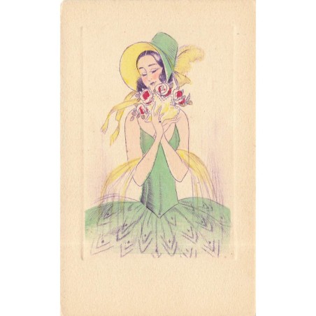 n°30254 - Illustrateur - Jeune femme portant une robe et un chapeau vert, et sentant un bouquet de roses