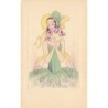 n°30254 - Illustrateur - Jeune femme portant une robe et un chapeau vert, et sentant un bouquet de roses