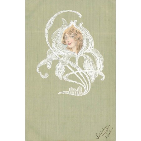 n°30255 - Carte Gaufrée - Fantaisie - Portrait d'une jeune femme au milieu d'une fleur en dentelle