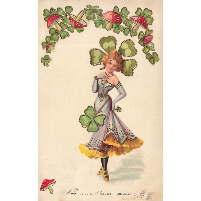 n°30256 - Carte Gaufrée - Fantaisie - Jeune femme portant un trèfle comme chapeau - Champignon