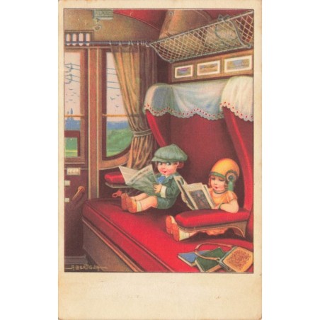 n°30257 - Illustrateur A. Bertiglia - Deux enfants dans un wagon, lisant des journaux