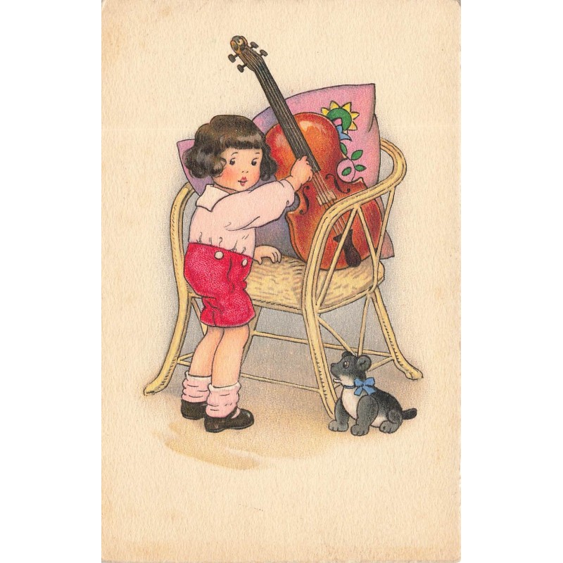 n°30258 - Illustrateur - Fillette près d'un violoncelle posé sur un fauteuil - Style Baumgarten