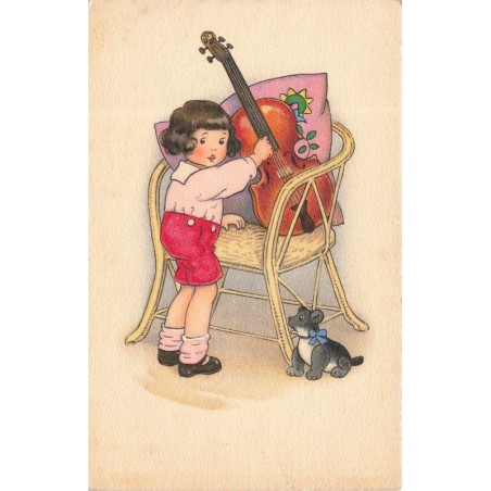n°30258 - Illustrateur - Fillette près d'un violoncelle posé sur un fauteuil - Style Baumgarten