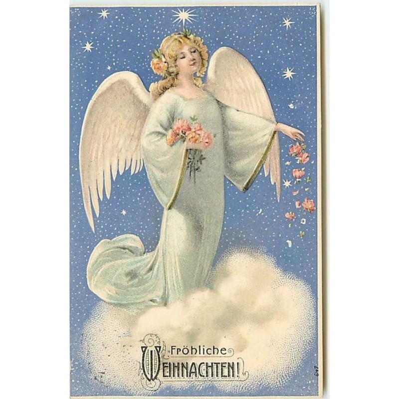 n°13794 - Carte Gaufrée - Fröhliche Weihnachten - Ange laissant tomber des fleurs