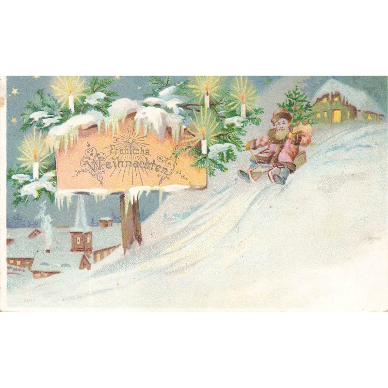 n°30271 - Fröhliche Weihnachten - Père Noël assis sur une luge, apportant des jouets