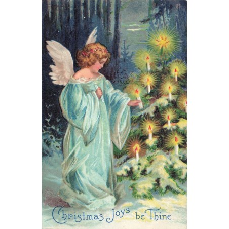 n°30275 - Carte Gaufrée - Clapsaddle - Christmas Joys be Thine - Ange décorant avec des bougies un sapin